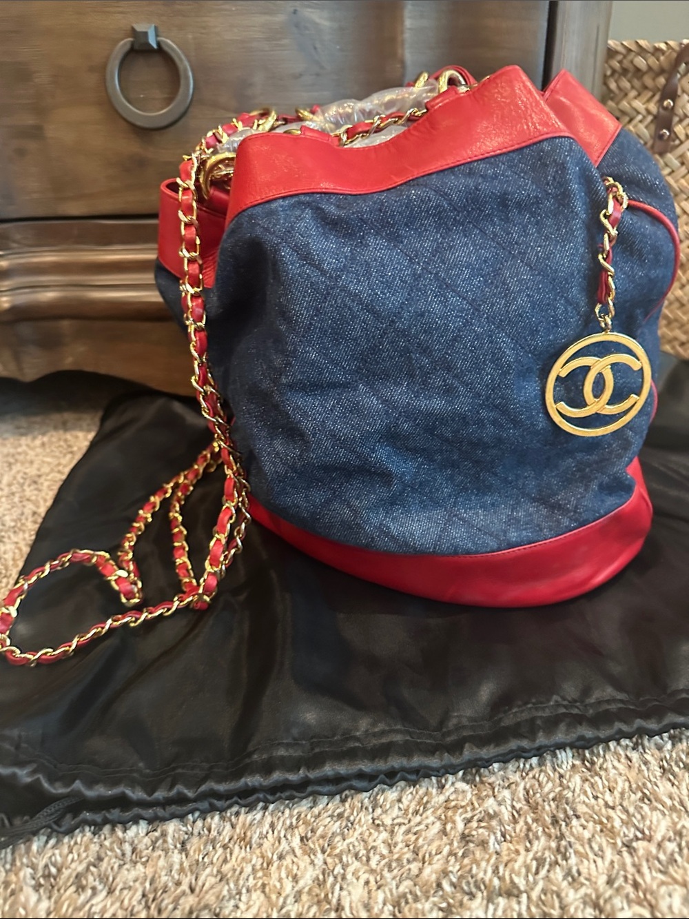 CHANEL Blue Denim and Red Leather Bucket Bag with Gold CC Charm